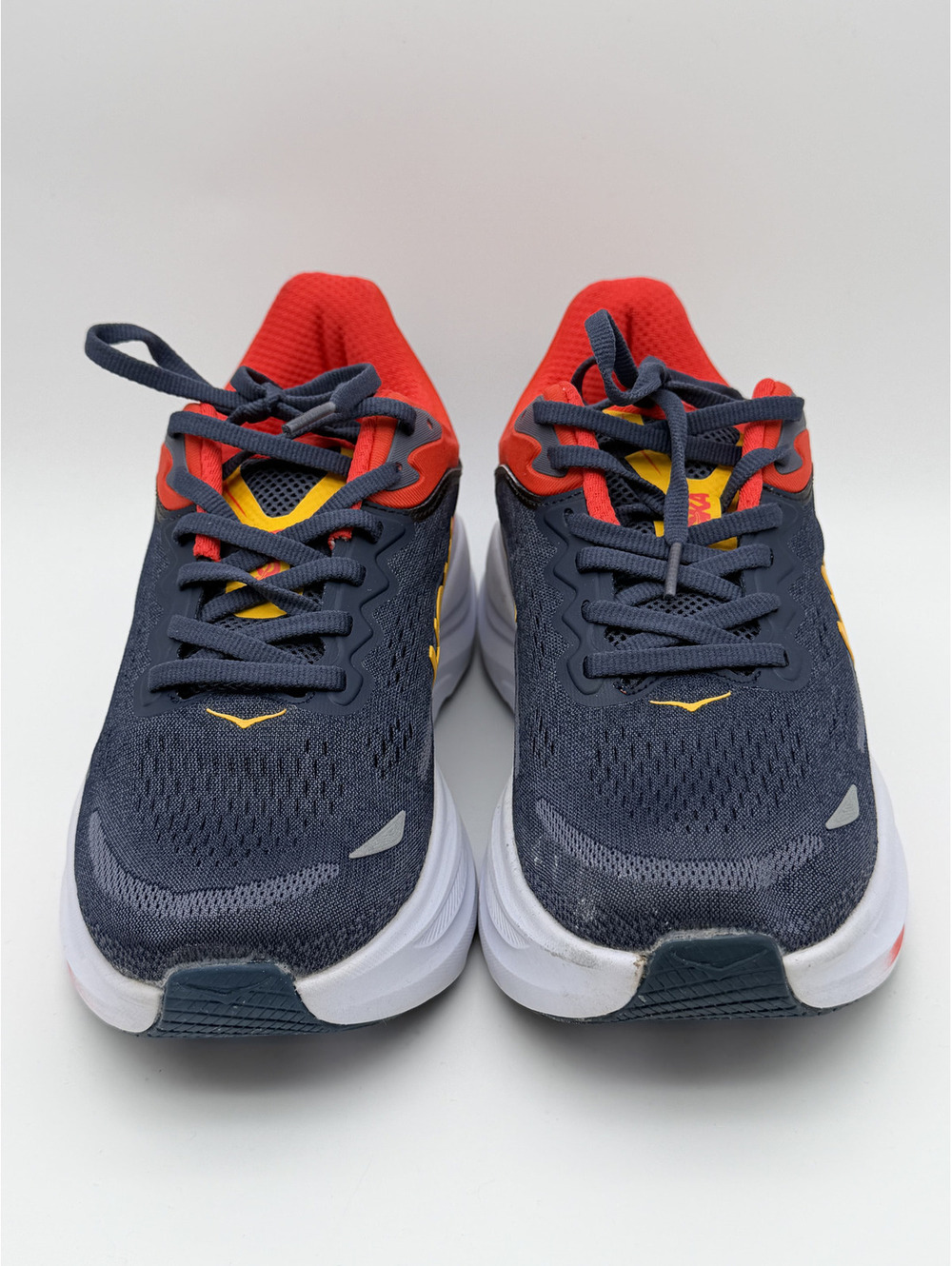 HOKA Bondi 9 Running Shoes - Navy, Red, and Yellow - Men's Size 7